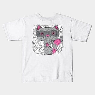 Doodle Raccoon Dark Grey Pink Colour with Doodle Background Kids T-Shirt